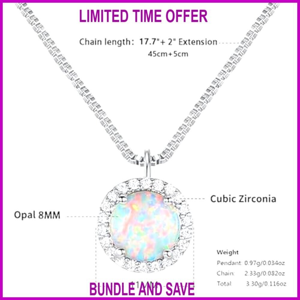18k White Gold Plated Opal Halo Pendant Necklace and Stud Earrings Set - Picture 2 of 7
